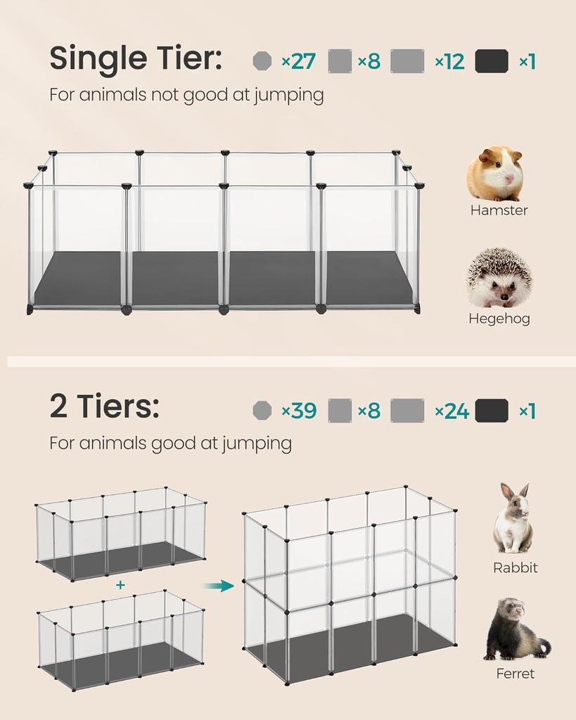 SONGMICS Pet Playpen with Floor, Removable Oxford Fabric Mat, Small Animal Enclosure, DIY Plastic Cage, Indoor Run for Hamsters, Rabbits, Hedgehogs