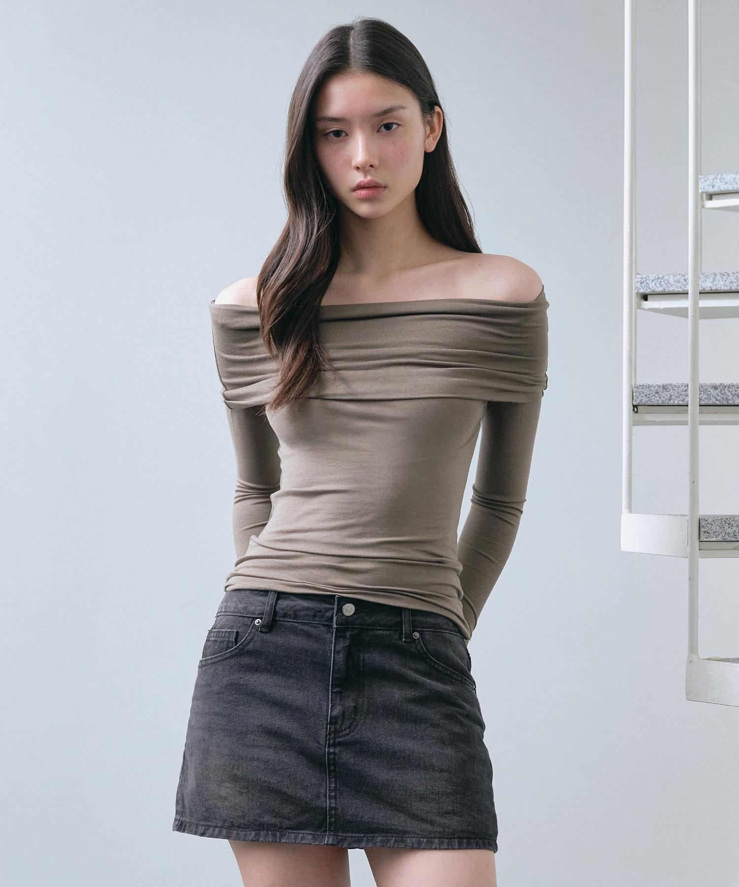 Musinsa Standard Woman Women S Tencel Turn Down Off-Shoulder Long Sleeve T-Shirt [Dusty Khaki] Dusty Khaki/L