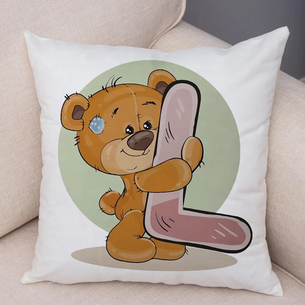 Cute Cartoon Bear Animal Cushion Cover for Sofa Children Room English Letter Print Pillow Case Short Plush Pillowcase 45x45cm
