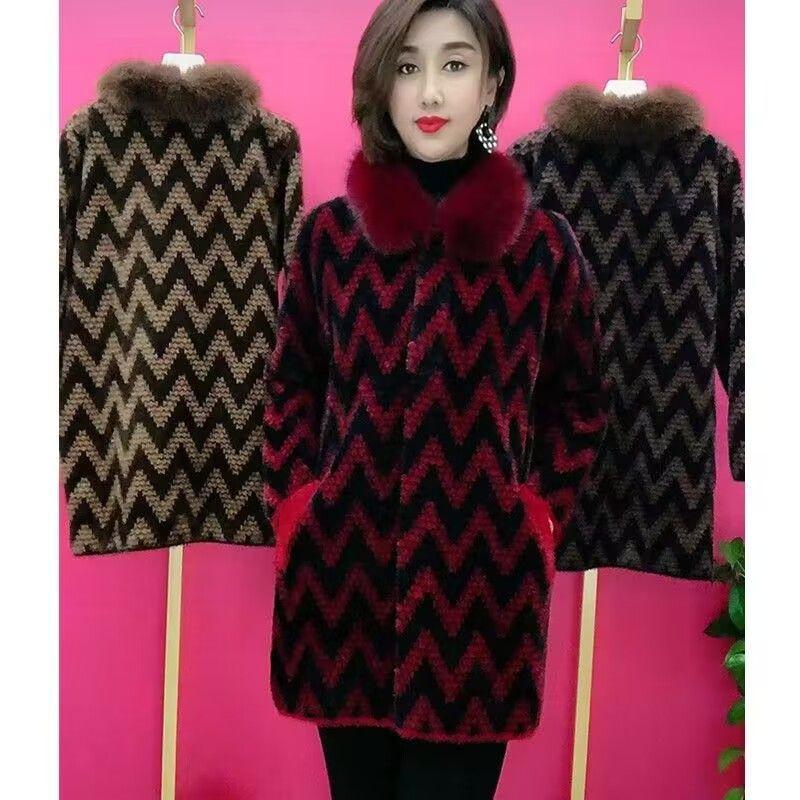 Winter High End Imitation Mink Fleece Warm Wool Coat Middle Aged Elderly Mother Jacket Thicken Knitted Cardigan Woolen Outwear