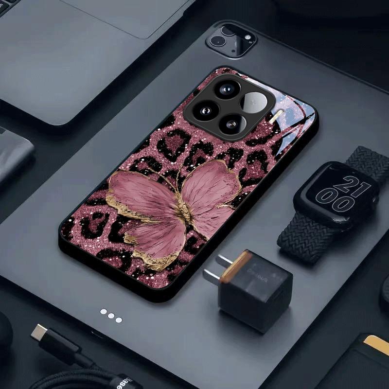 Black Leopard Print Butterfly Glitter Pattern Tempered Glass Phone Case  iPhone 17 AIR 16 15 14 13 Pro 12 11 Pro Xs X XR Max