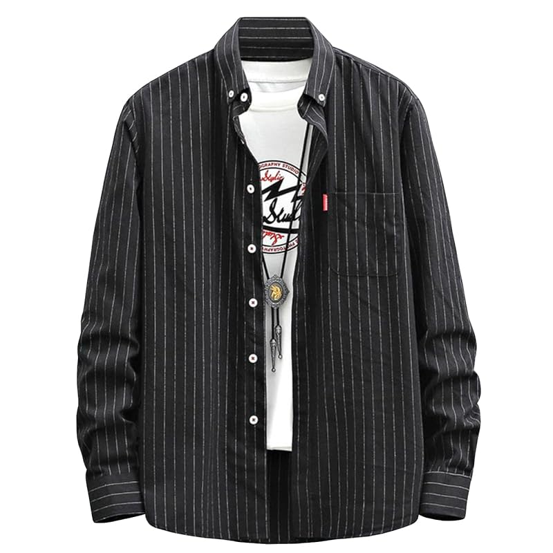 

[EASTEMPO] shirt men s long sleeve spring Fashionable business casual striped pattern Large size (JP, alphabet, M, black)