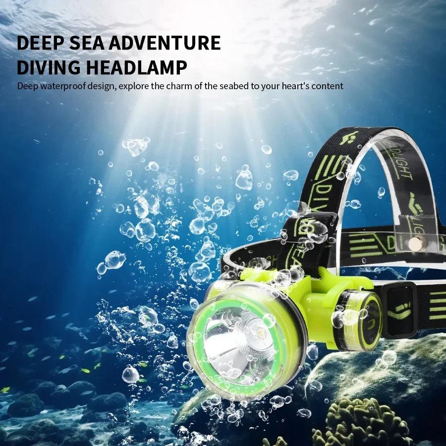 New Rechargeable LED Diving Headlamp Strong Light Professional Diving 50M Head Flashlight Scuba Diving Headlight Fishing Torch