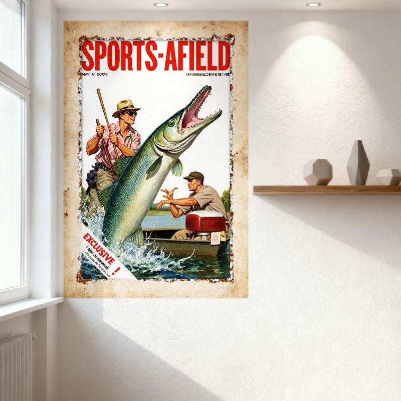 Vintage 1952 Sports-Afield Fishing Muskie Pike Tin Sign, Retro Boat Fishing Scene Metal Wall Decor for Bar Pub Home, Exclusive M