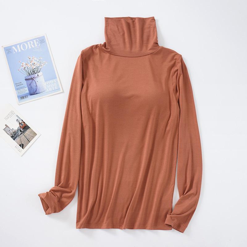 Modal Padded High Neck Long Sleeve Slimming T-Shirt with Built-in Bra for Women - Autumn/Spring.