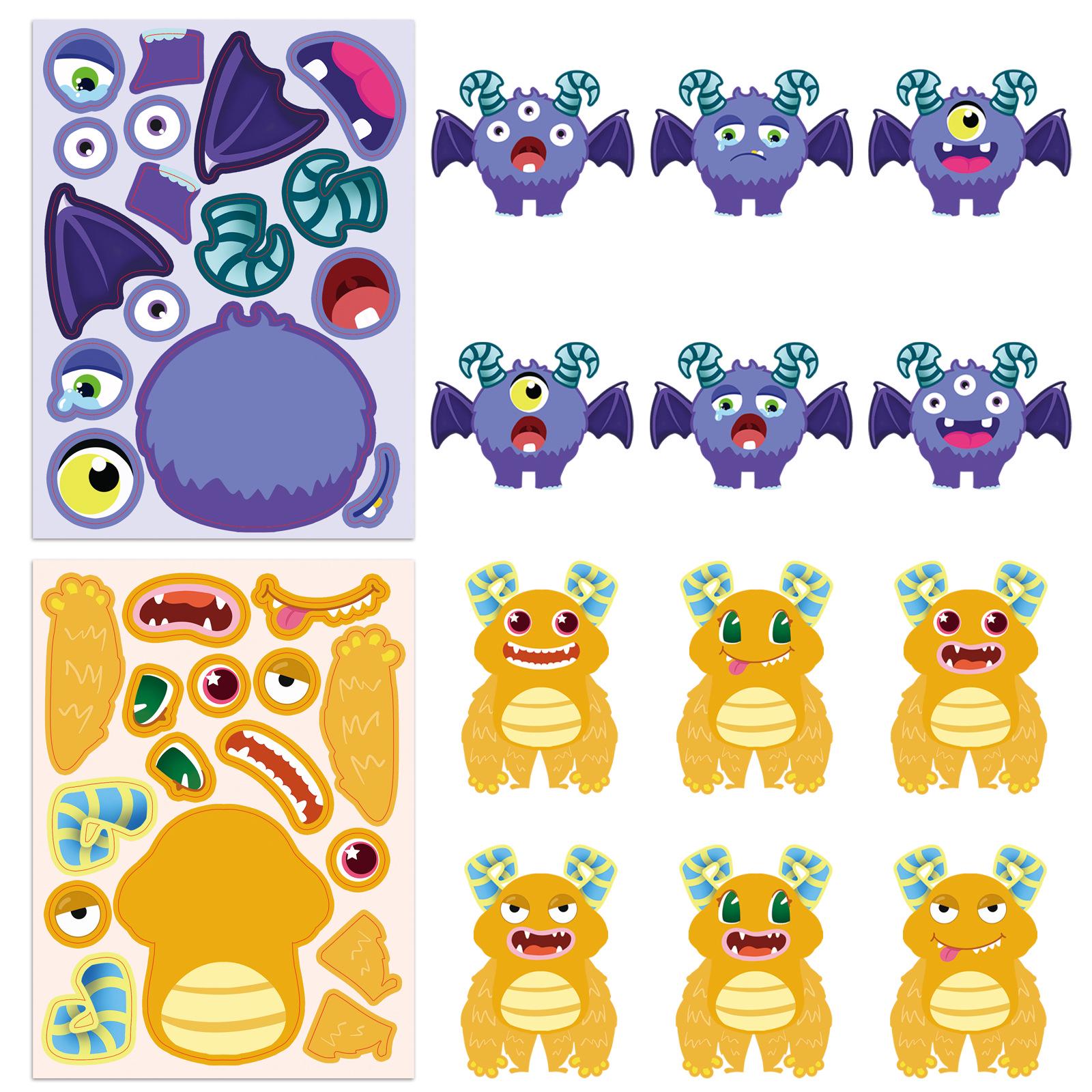 8 Monster Face-Swap Puzzle Stickers: Interactive Parent-Child DIY Doodle Journal Game