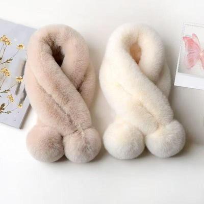 Women's Plush Faux Rabbit Fur Scarf - Thick Warm Cross Ball Neck Warmer