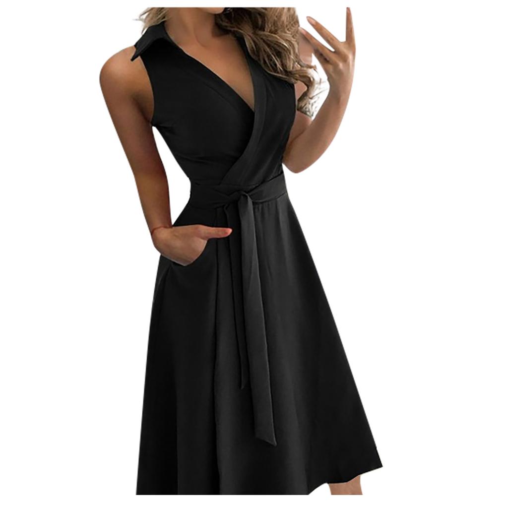 Women's Fashion Casual Sleeveless Color V-Neck High Waist Dress