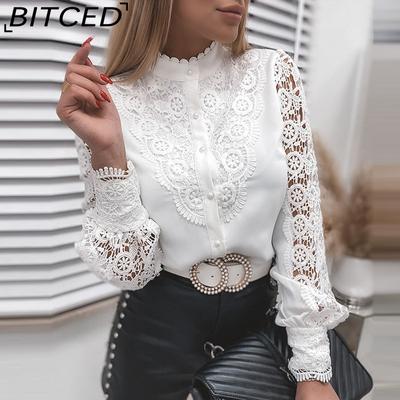 Women's Spring Summer Fashion Lace Long Sleeve V-Neck Button Down Blouse Shirt