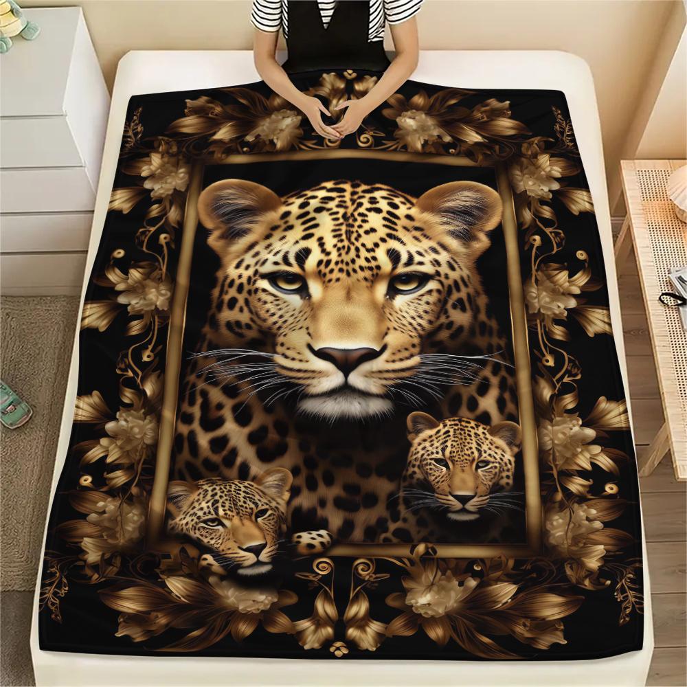 1Pc Lepoard Puzzle Print Flannel Blanket, High Quality Comfortable for All Seasons, Home Decor, Warmth and Comfort, Perfect for Christmas Gifts