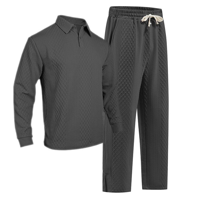 Herbst und Winter Herren einfarbig Jacquard-Struktur lässig Revers Pullover Langarm Hose Sportanzug