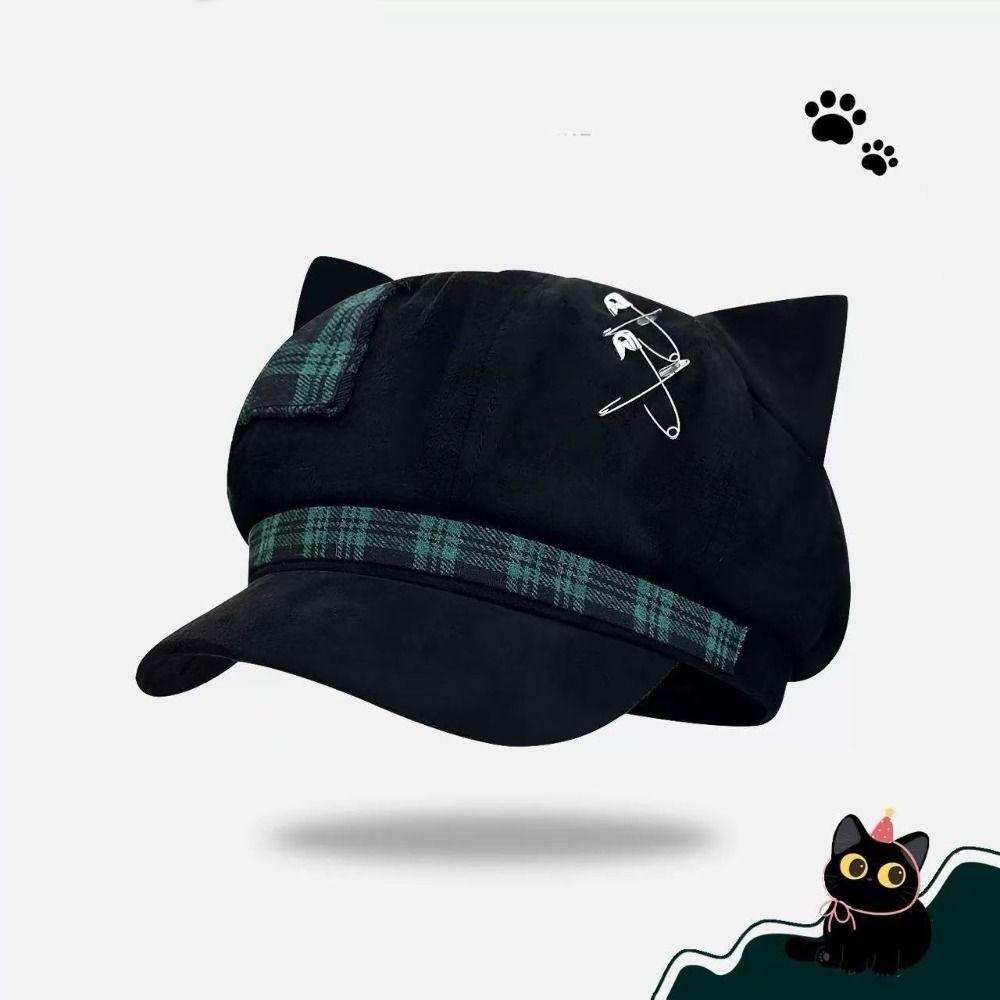 Irregular Plaid Octagonal Hat Thin Brim Newsboy Peaked Hat Cool Cat Ears Beret Hat Travel