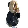 Unisex Hooded Short Puffer Jacket Faux Fur Collar Contrast Stitching Zip Up Couple Winter Coat