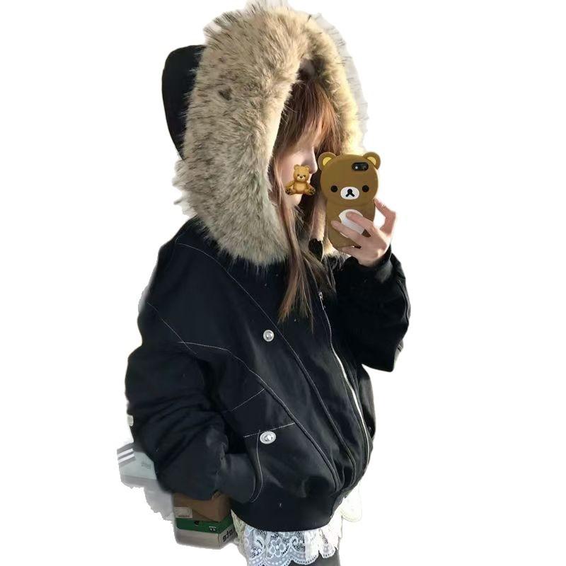 Unisex Hooded Short Puffer Jacket Faux Fur Collar Contrast Stitching Zip Up Couple Winter Coat