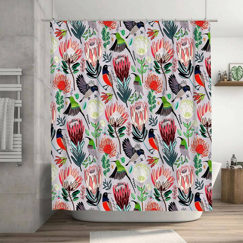 Botanical Bird Shower Curtain Tropical Nature Pattern Bathroom Decor Farmhouse Style Home Accent Tropical Leaves Floral Design M