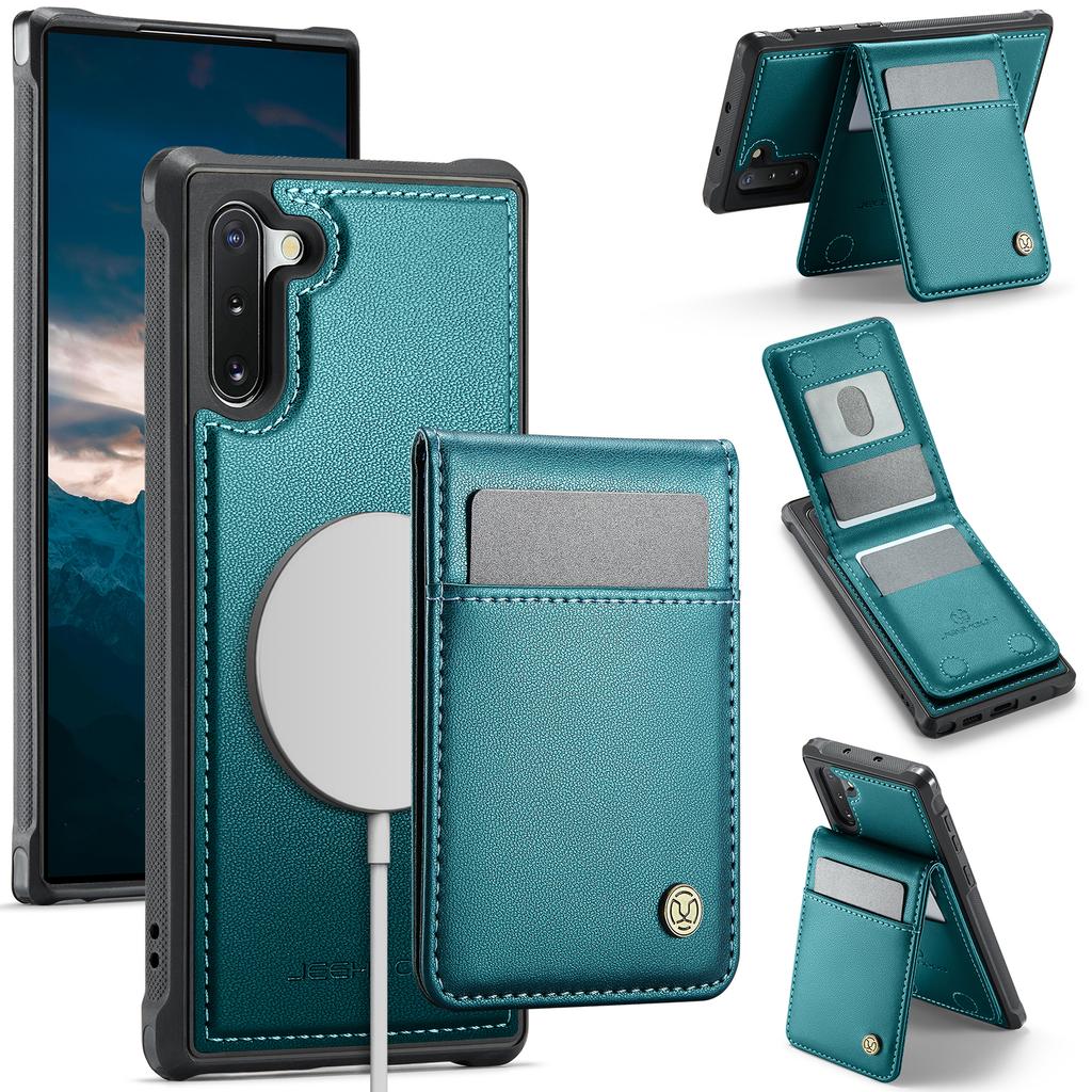 For Samsung Galaxy Note 10 4G Leather Back Cover Compatible with MagSafe JEEHOOD J06 Phone Case with Card Bag RFID Blocking