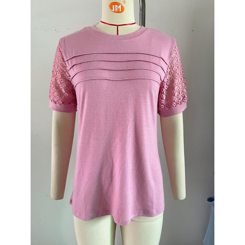 Spring Summer Women's Loose Crew Neck Short Sleeve T-shirt Lace Patchwork Top for Amazon Cross-border Trade, In Stock