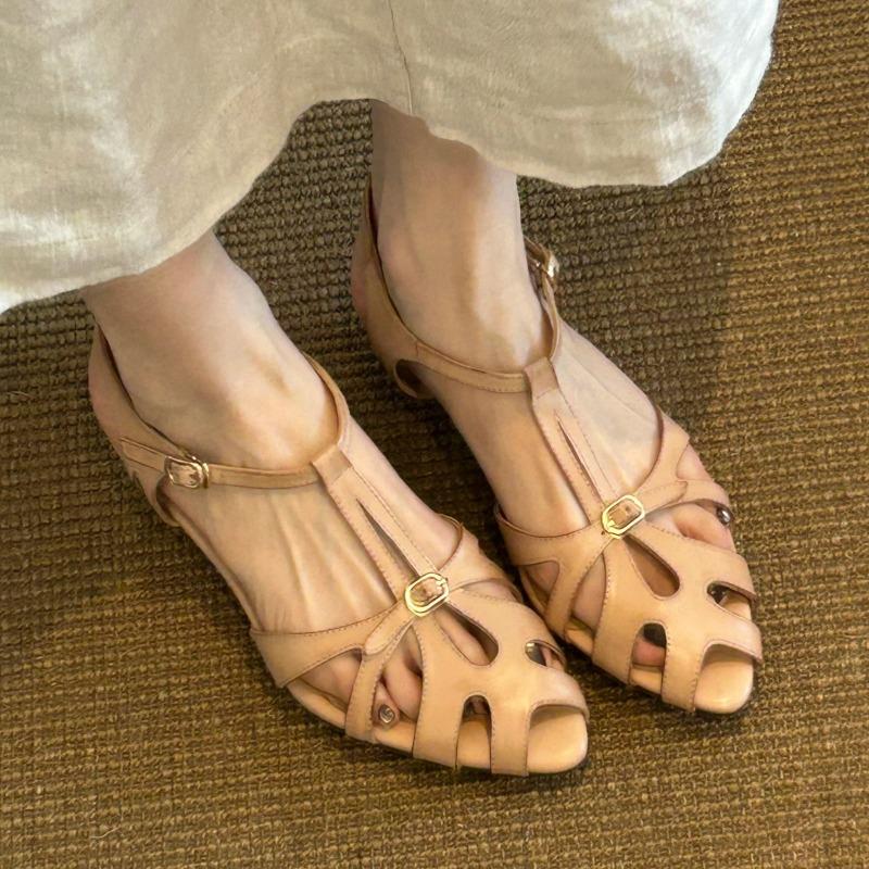 Sandalias romanas marrones para mujer, nuevas de verano, transpirables, cabeza de bolsa, tejidas, huecas, retro francés, zapatos de vestir de una sola pieza