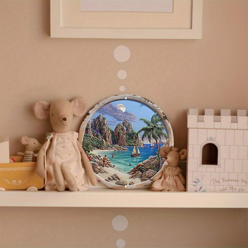 Tropisk Strandscen Träskyltset, Trä Väggkonst, Dörrhängare, Runda Dekorativa Kransskyltar, Palmträd och Båtar