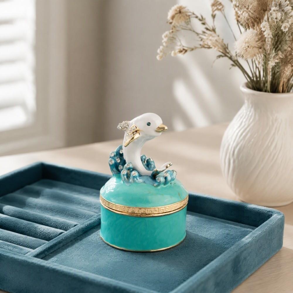 Dolphin Motif Dolphin Jewelry Box Hinged Lid Hand Painted Jewelry Box For Rings