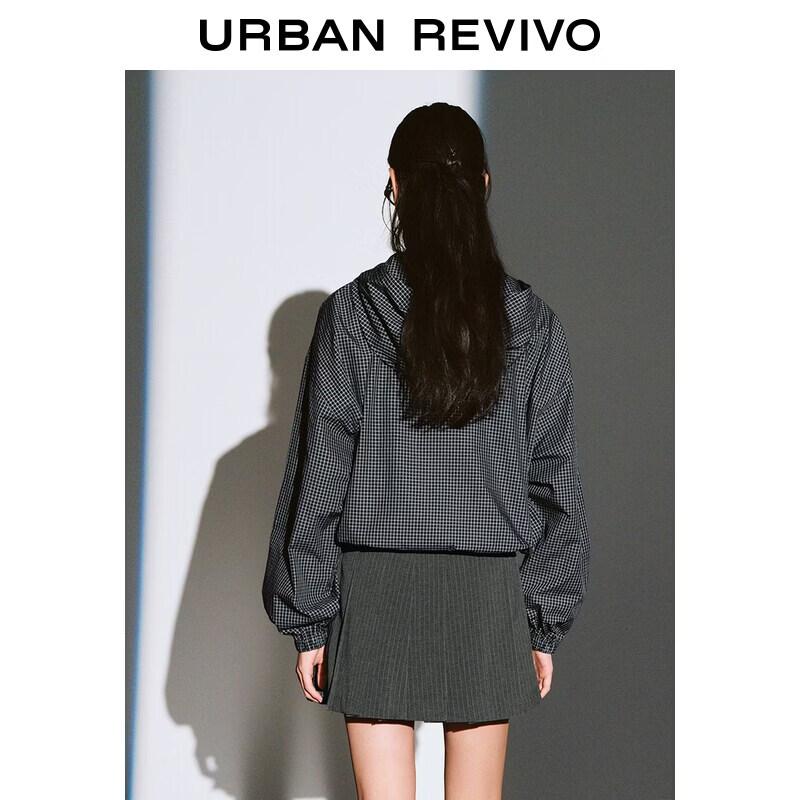 UR 2026 Spring Women's Urban Plaid Embroidered Hooded Blouse