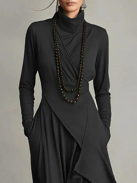 European Women's High Neck Long Sleeve Solid Color Autumn Dress (2025)