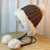 Cute hairball ear protection wool hat for women, warm in autumn and winter, thickened large head circumference and small face knitted hat