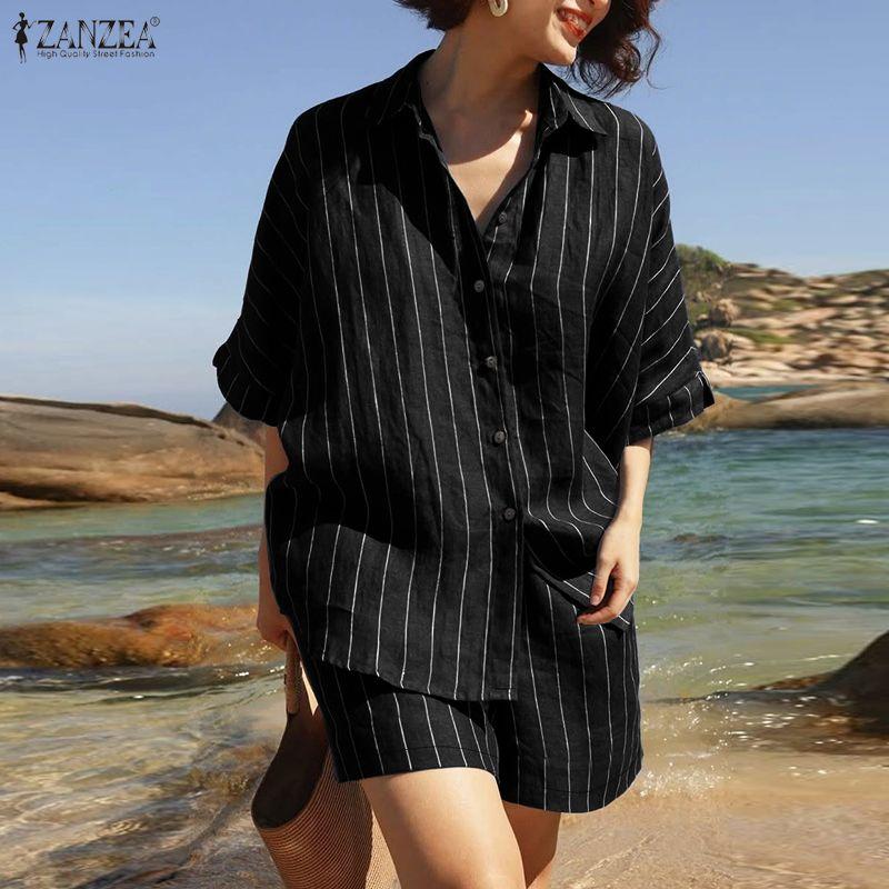 ZANZEA Women Stripe Print Short Sleeve Blouse and Shorts Summer Two Piece Suit Sets