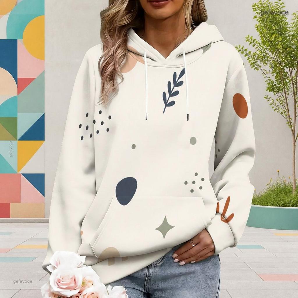 Women Plus Size Off White Printed Long Sleeve Drawstring Hoodie With Kangaroo Pocket