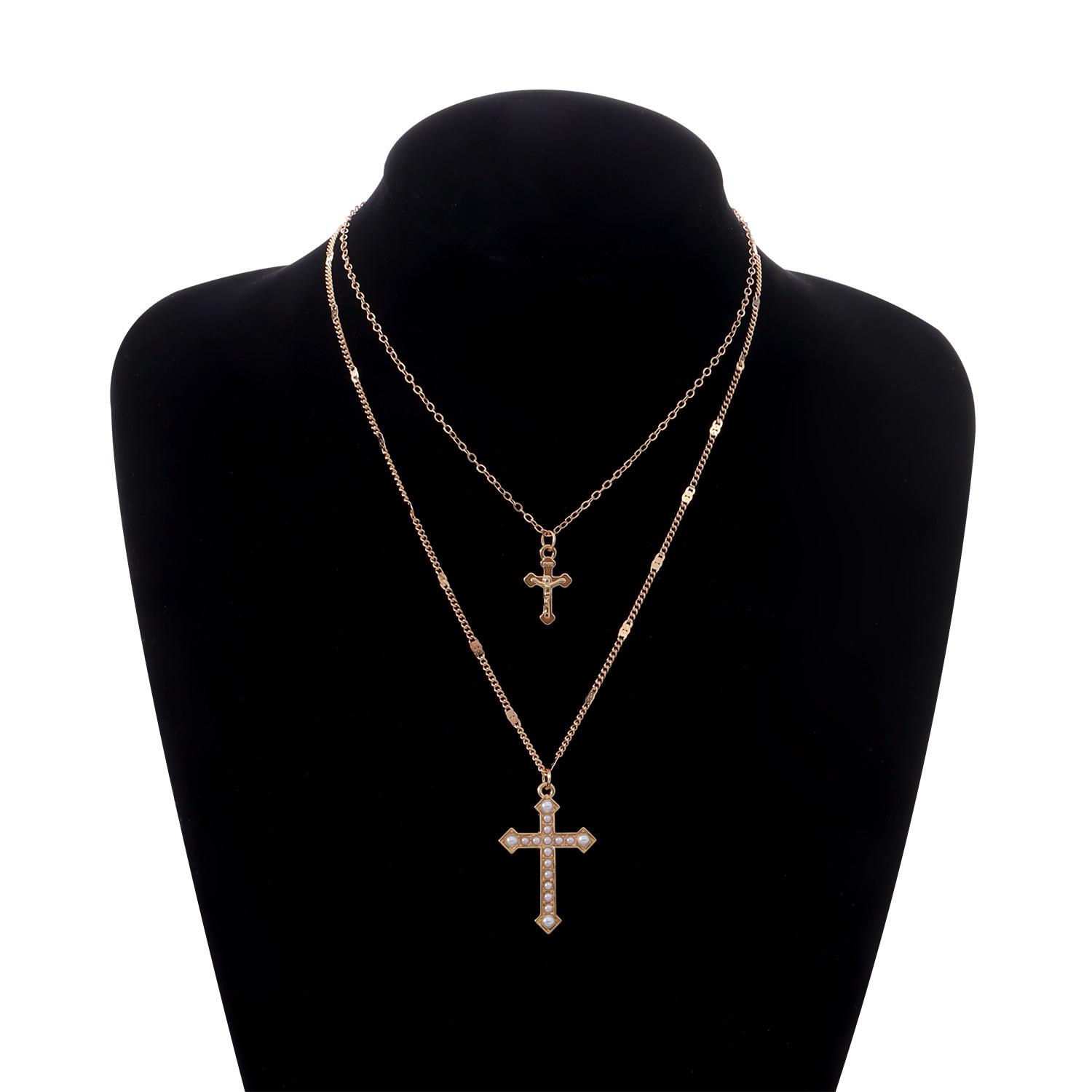 Accessories, large and small double-layer pearl cross pendant necklace, fashionable trend items золотой