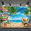 Hawaiian Tropical Summer Beach Background with Flamencos, Flowers, Aloha, Luau, Surfboard, for Parties, Photographic Studio Decoration