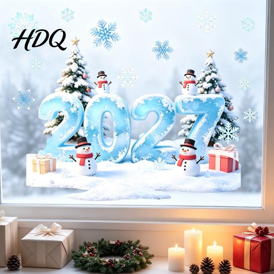 Removable New Year Decals 2027 Christmas Winter Window Cling Static Sticker with Snowman PVC Tree Snowfalke Waterproof Glass Door Decal