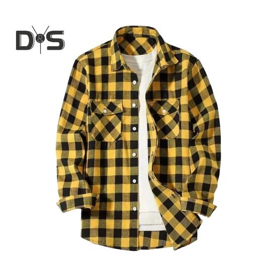 

Осень-зима Мужская рубашка Пальто Клетчатый принт Длинные рукава Нагрудный карман Отложной воротник Однобортный свободный пиджак контрастного цвета XXXL жёлтый