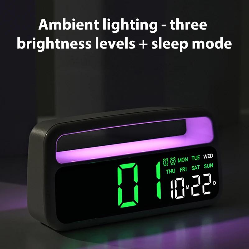 Digital Alarm Clock with Ambient-Light Date Dual Alarms Electronic Table Clock Brightness Adjustment Sleep Mode Home LED Clocks