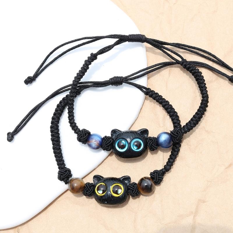 Adjustable Cord Bracelets Friendship Jewelry Handmade Braided Rope Handchain Unique Cat Head Pendant Wristband Bracelets
