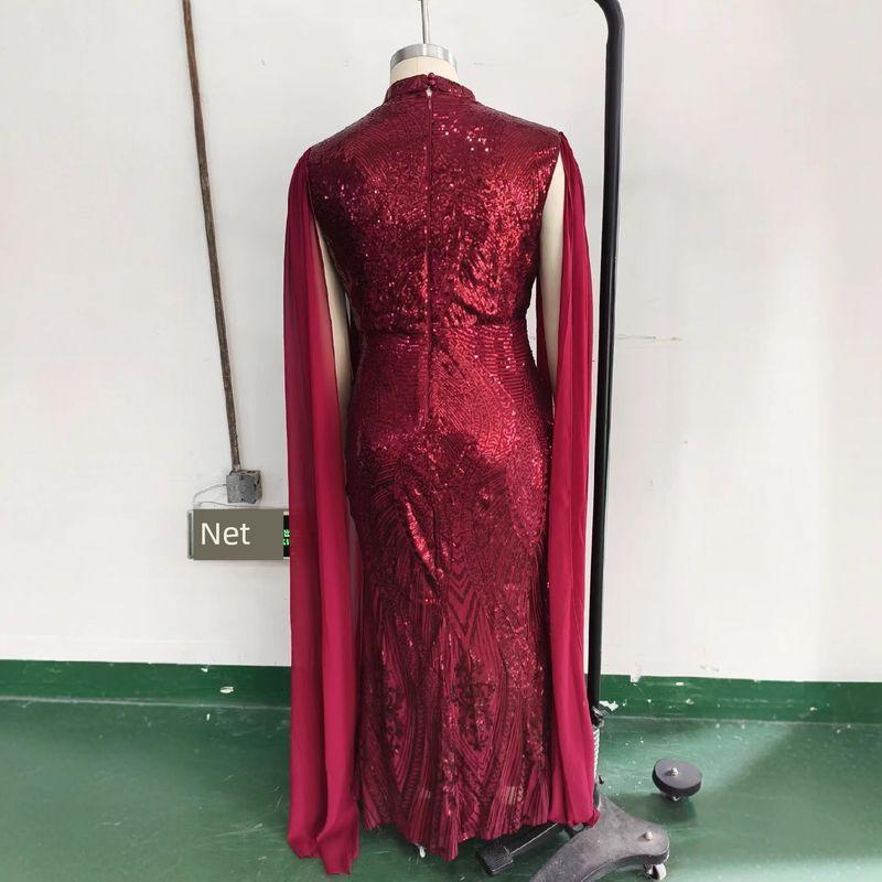 European and American Style Formal Dress Plus Size Women's New High-End Long-Sleeve Shawl Evening Gown with Sequins and Bodycon Design