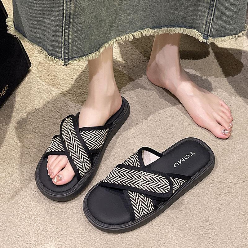 Moda ZapatosModa Wszechstronne Buty Damskie Lato Nowe Okrągły Nosek Płaskie Buty Proste Damskie Kapcie Miękka Podeszwa Antypoślizgowe Damskie Sandały