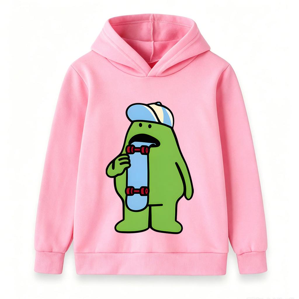Kids Boys Girls Casual Hooded Sweatshirt, Cool Cartoon Green Skater Character Print Long Sleeve Pullover Hoodie, Comfortable Lightweight Tops For Dail