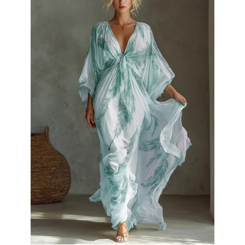 BFCCQB Women's Fashion 3/4 Sleeves V-Neck Summer Spring Solid Color Print Casual Dresses