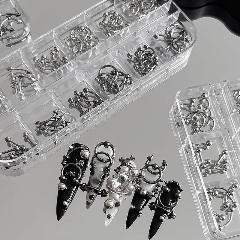 20/30/60Pcs Punk Metal 3D Nail Charms Fingertip Ring Studs Black/Silver Alloy Nail Art Decoration Manicure Supplies Accessories