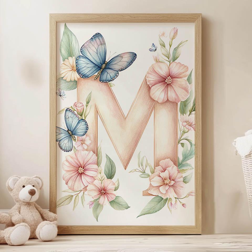 Plakat Literka M W Kwiatach Plakat Literka M W Kwiatach, 30X40 Cm, Rama Drewniana Jasny Dąb, Papier Matowy 230 Gsm