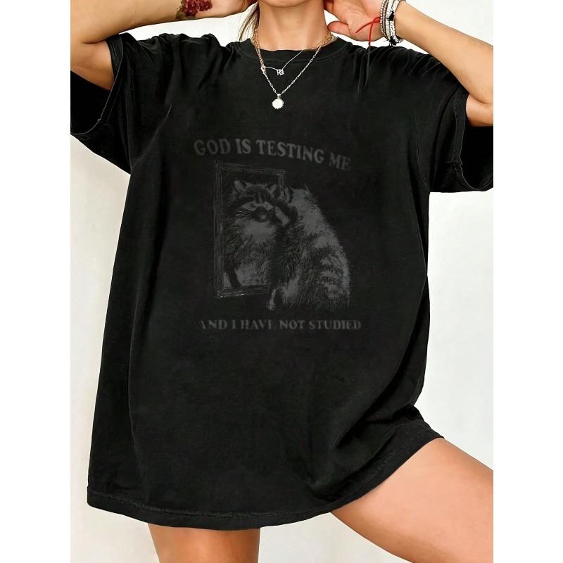 Oversized T Shirt Black Cat And Text Graphic Print For Casual Wear
