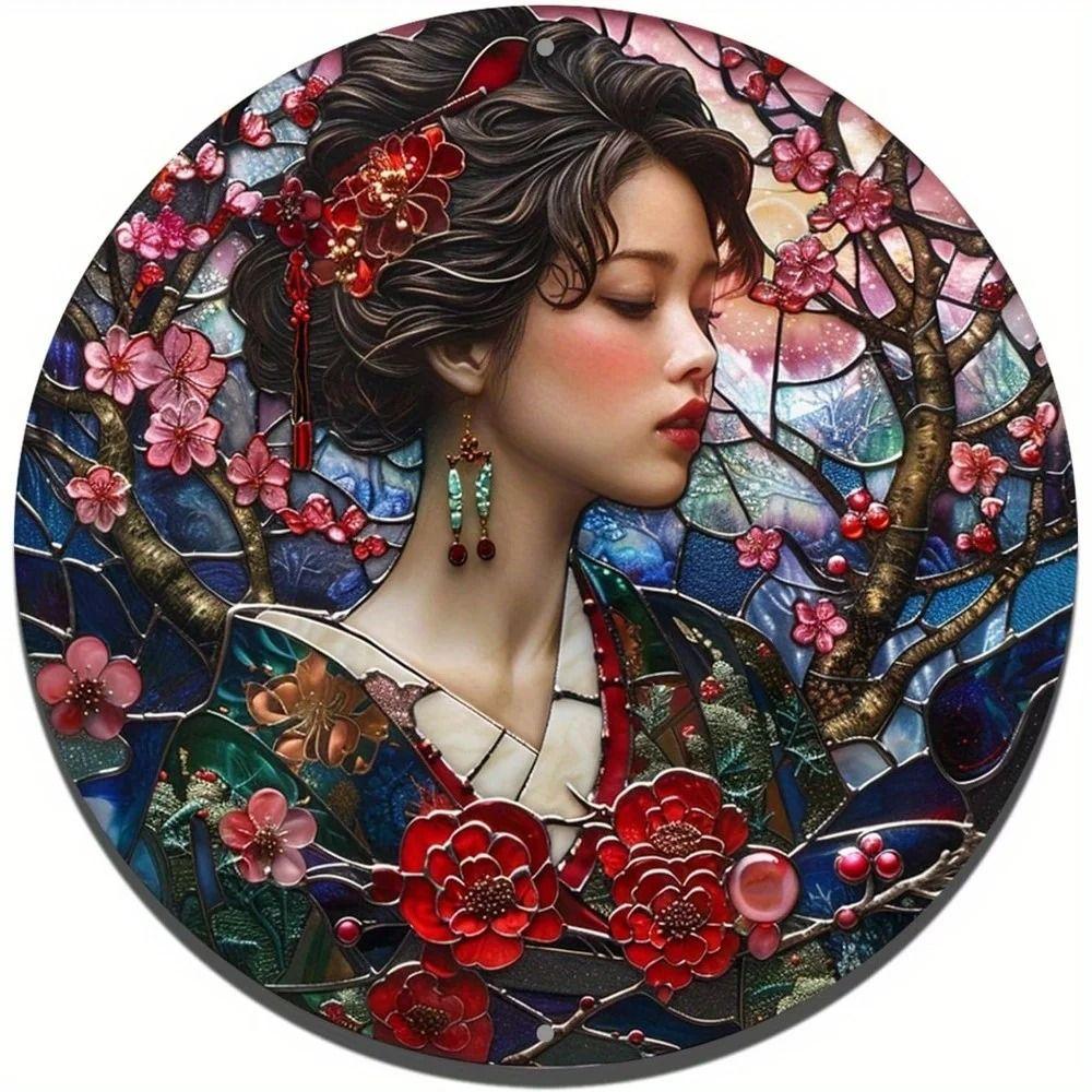 Металлическое Настенное Искусство Жестяная Табличка Японское Кимоно Круглое 2D Арт Дизайн 20см