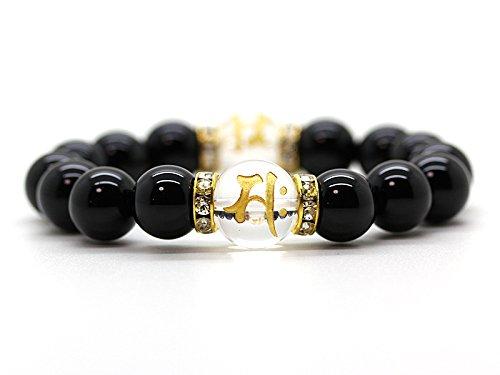 [Seki-Kira] Gold-engraved Quartz and Natural Onyx Prayer Beads Bracelet with Sanskrit Characters for Those Born In the Year of the Horse (Uma) - 14mm