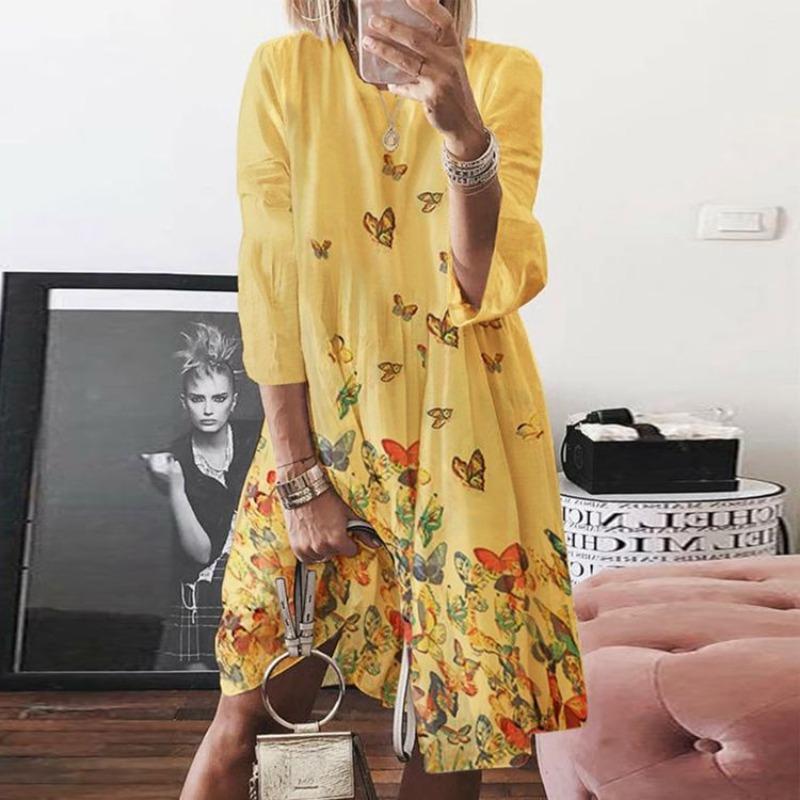 Large Size Women's Autumn Digital Printed Round Neck Long Sleeved Dress