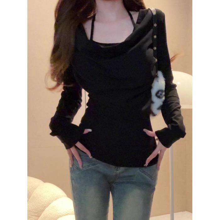 Swinging Collar Hanging Neck Long-sleeved T-shirt for Women, Slim and Thin In Spring and Autumn, Spice Girl Fake Two Pieces, Bottoming Shirt Inside