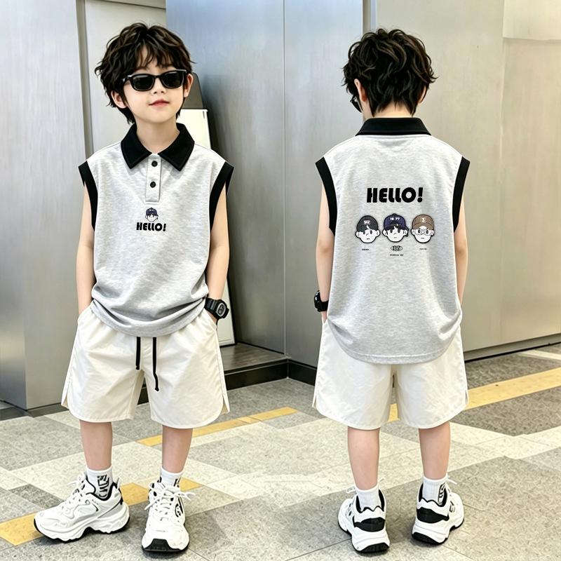 Korean Style Boys' Casual Vest Set - Summer 2026 Color Block Lapel Sleeveless Polo Shirt for Middle & Older Children