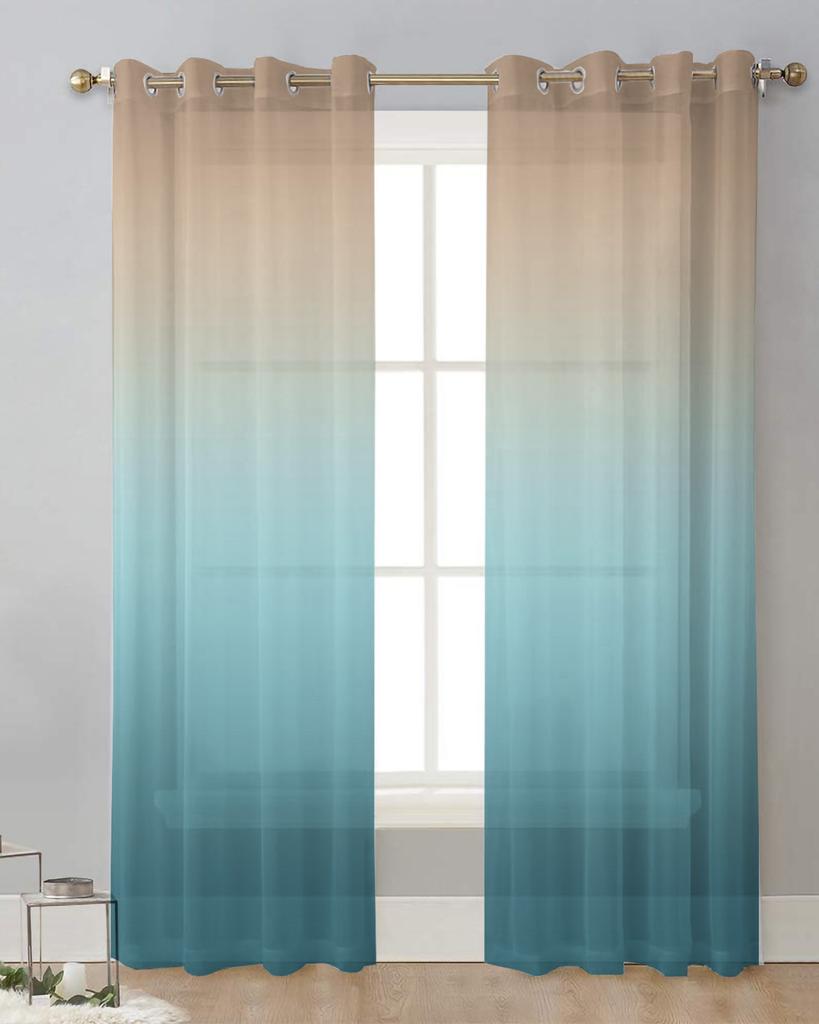 Turquoise Brown Gradient Sheer Curtains for Living Room Decoration Window Curtains for Kitchen Tulle Voile Organza Curtains