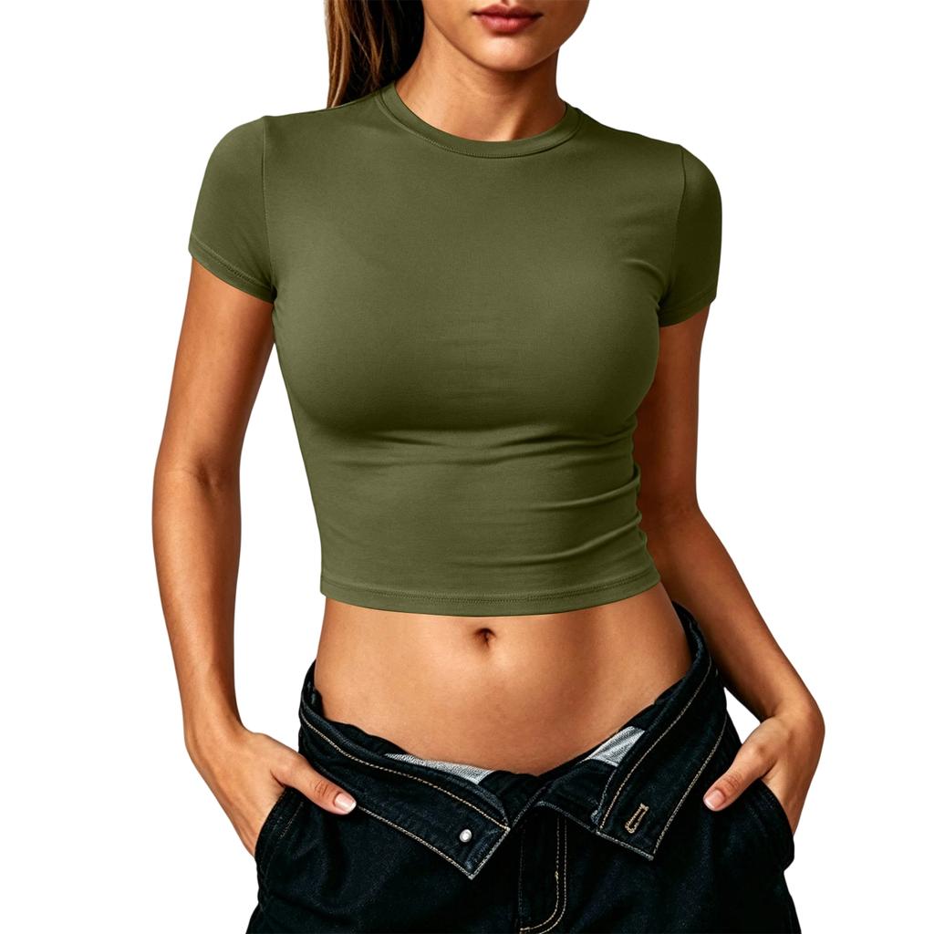 Women Short Sleeve Crew Neck Pullover Casual Fitted Crop T Shirt Basic Lightweight Soft Stretchy Top for Daily Wear