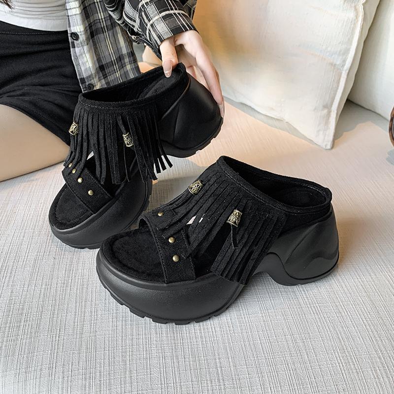 Fashion Block Heel Flip Flops Autumn New Round Toe Open Toe Suede Studded Platform Anti-Slip Wear-Resistant Slippers